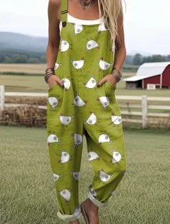 New Women's Dungarees Active Animal Sleeveless Sleeveless Wide Leg Pocket Buttons Vacation Street Loose Fit Light Green Green Gray Summer Women Jumpsuits|Graphic Jumpsuit