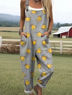 New Women's Dungarees Active Animal Sleeveless Sleeveless Wide Leg Pocket Buttons Vacation Street Loose Fit Light Green Green Gray Summer Women Jumpsuits|Graphic Jumpsuit