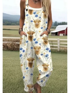Online Women's Dungarees Active Animal Sleeveless Sleeveless Wide Leg Square Neck Pocket with Pocket Vacation Daily Loose Fit White Yellow Purple Summer Women Graphic Jumpsuit