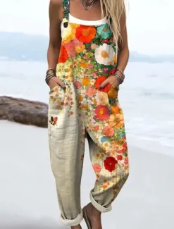 Outlet Women's Dungarees Active Floral Sleeveless Sleeveless Harem Pocket Buttons Vacation Street Loose Fit White Yellow Light Green Summer Women Jumpsuits|Graphic Jumpsuit