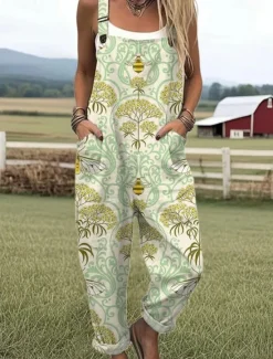 Outlet Women's Dungarees Active Floral Sleeveless Sleeveless Harem Pocket Buttons Vacation Street Loose Fit White Yellow Light Green Summer Women Jumpsuits|Graphic Jumpsuit