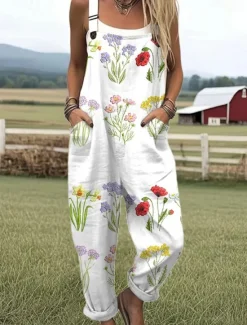 Outlet Women's Dungarees Active Floral Sleeveless Sleeveless Harem Pocket Buttons Vacation Street Loose Fit White Yellow Light Green Summer Women Jumpsuits|Graphic Jumpsuit