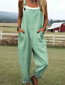 Outlet Women's Dungarees Active Floral Sleeveless Sleeveless Harem Pocket Buttons Vacation Street Loose Fit White Yellow Light Green Summer Women Jumpsuits|Graphic Jumpsuit
