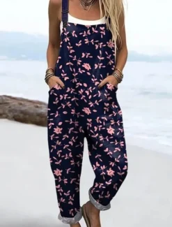 Online Women's Dungarees Active Floral Sleeveless Sleeveless Straight Square Neck Patchwork Pocket Vacation Daily Loose Fit Pink Blue Purple Summer Women Graphic Jumpsuit
