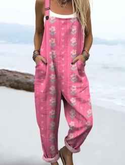 New Women's Dungarees Active Floral Sleeveless Sleeveless Straight Square Neck Pocket with Pocket Vacation Daily Loose Fit Yellow Pink Blue Summer Women Graphic Jumpsuit