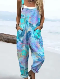 New Women's Dungarees Active Floral Sleeveless Sleeveless Straight Square Neck Pocket with Pocket Vacation Daily Loose Fit Yellow Pink Blue Summer Women Graphic Jumpsuit