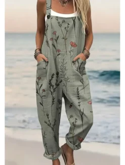 Online Women's Dungarees Active Floral Sleeveless Sleeveless Harem Square Neck Pocket with Pocket Vacation Daily Loose Fit Army Green Green Beige Summer Women Graphic Jumpsuit