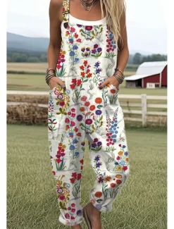 Women's Dungarees Active Floral Sleeveless Sleeveless Straight Square Neck Pocket with Pocket Vacation Daily Loose Fit White Pink Purple Summer Women Graphic Jumpsuit