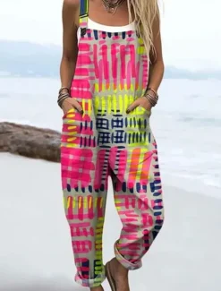 Best Women's Dungarees Active Floral Sleeveless Sleeveless Straight Square Neck Pocket with Pocket Vacation Daily Loose Fit Pink Purple Khaki Summer Women Graphic Jumpsuit