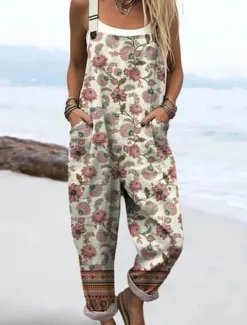 Best Women's Dungarees Active Floral Sleeveless Sleeveless Straight Square Neck Pocket with Pocket Vacation Daily Loose Fit Pink Purple Khaki Summer Women Graphic Jumpsuit