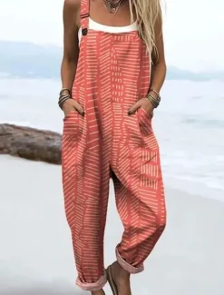 Discount Women's Dungarees Active Floral Sleeveless Sleeveless Straight Square Neck Pocket with Pocket Vacation Daily Loose Fit Pink Orange Khaki Summer Women Graphic Jumpsuit