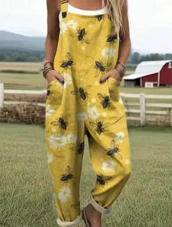 Best Women's Dungarees Active Floral Sleeveless Sleeveless Straight Square Neck Pocket with Pocket Vacation Street Loose Fit White Yellow Army Green Summer Women Graphic Jumpsuit