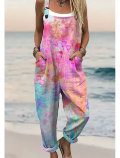 New Women's Dungarees Active Floral Sleeveless Sleeveless Straight Square Neck Pocket with Pocket Vacation Daily Loose Fit Pink Red Green Summer Women Graphic Jumpsuit