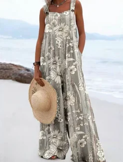 New Women's Dungarees Active Floral Sleeveless Wide Leg Vacation Street Loose Fit Yellow Blue Gray Summer Women Graphic Jumpsuit