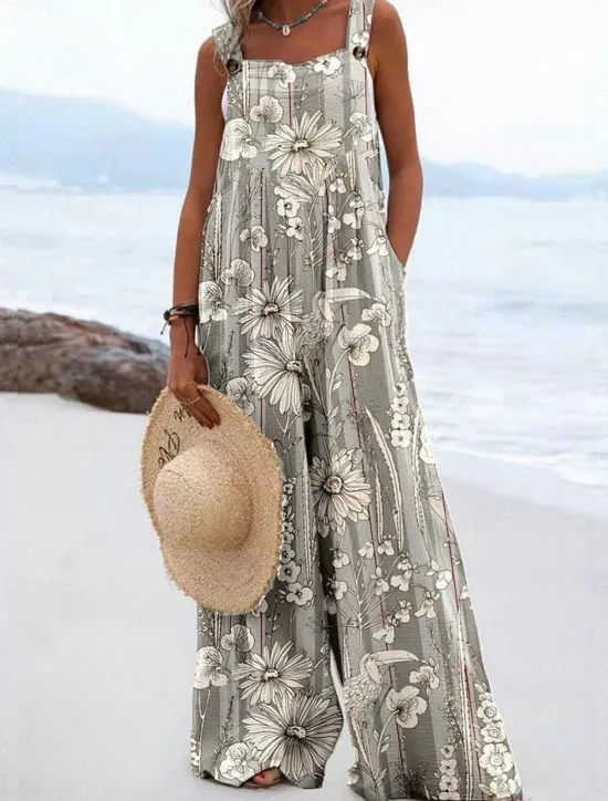 New Women's Dungarees Active Floral Sleeveless Wide Leg Vacation Street Loose Fit Yellow Blue Gray Summer Women Graphic Jumpsuit