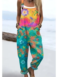 New Women's Dungarees Active Floral Sleeveless Sleeveless Straight Square Neck Pocket with Pocket Vacation Daily Loose Fit Pink Purple Green Summer Women Graphic Jumpsuit