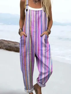 Best Women's Dungarees Active Floral Sleeveless Sleeveless Straight Square Neck Pocket with Pocket Vacation Daily Loose Fit White Pink Purple Summer Women Graphic Jumpsuit