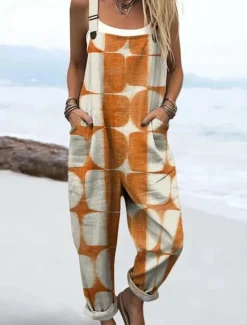 Discount Women's Dungarees Active Floral Sleeveless Sleeveless Straight Square Neck Pocket with Pocket Vacation Daily Loose Fit Orange Green Beige Summer Women Graphic Jumpsuit