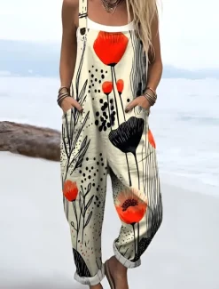 Discount Women's Dungarees Active Floral Sleeveless Sleeveless Straight Square Neck Pocket with Pocket Vacation Daily Loose Fit Orange Green Beige Summer Women Graphic Jumpsuit