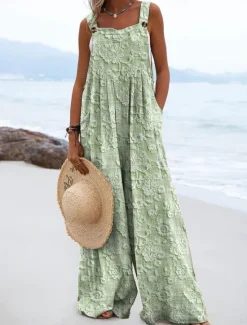 Outlet Women's Dungarees Active Floral Sleeveless Wide Leg Vacation Street Loose Fit Blue Purple Green Summer Women Jumpsuits|Graphic Jumpsuit
