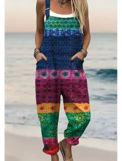 Best Women's Dungarees Active Floral Sleeveless Sleeveless Harem Square Neck Pocket with Pocket Vacation Daily Loose Fit Yellow Pink Blue Summer Women Graphic Jumpsuit