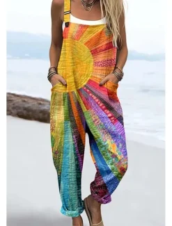 Best Women's Dungarees Active Floral Sleeveless Sleeveless Harem Square Neck Pocket with Pocket Vacation Daily Loose Fit Yellow Pink Blue Summer Women Graphic Jumpsuit