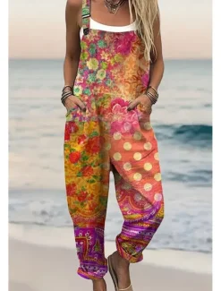 Best Women's Dungarees Active Floral Sleeveless Sleeveless Harem Square Neck Pocket with Pocket Vacation Daily Loose Fit Yellow Pink Blue Summer Women Graphic Jumpsuit