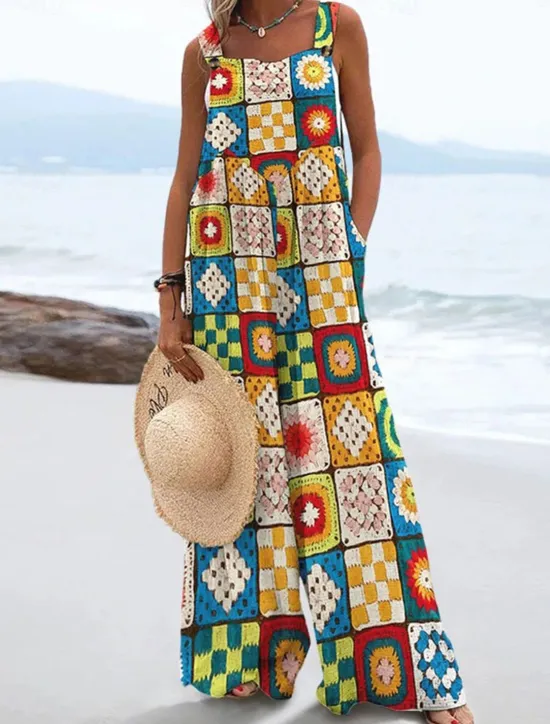 Discount Women's Dungarees Active Floral Sleeveless Sleeveless Wide Leg Pocket Buttons Vacation Daily Loose Fit Black White Yellow Summer Women Jumpsuits|Graphic Jumpsuit