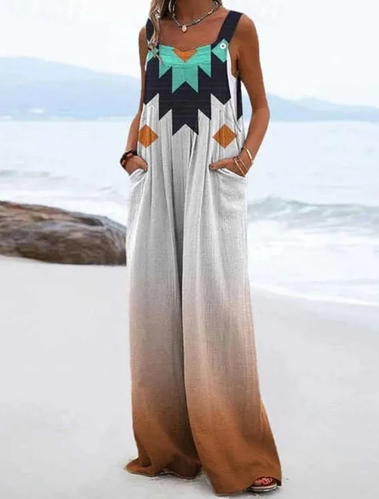 Discount Women's Dungarees Active Floral Sleeveless Sleeveless Wide Leg Pocket Buttons Vacation Daily Loose Fit Black White Yellow Summer Women Jumpsuits|Graphic Jumpsuit