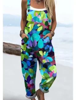 New Women's Dungarees Active Floral Sleeveless Sleeveless Straight Square Neck Pocket with Pocket Vacation Daily Loose Fit Red Blue Green Summer Women Graphic Jumpsuit