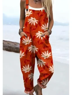 New Women's Dungarees Active Floral Sleeveless Sleeveless Straight Square Neck Pocket with Pocket Vacation Daily Loose Fit Red Blue Green Summer Women Graphic Jumpsuit