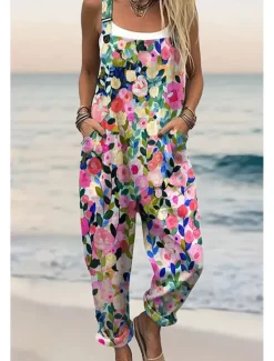 Clearance Women's Dungarees Active Floral Sleeveless Sleeveless Straight Square Neck Pocket with Pocket Vacation Daily Loose Fit Pink Red Green Summer Women Graphic Jumpsuit