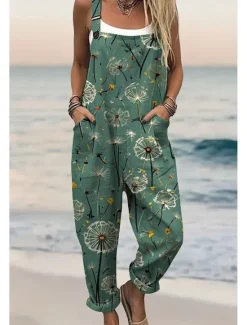 Clearance Women's Dungarees Active Floral Sleeveless Sleeveless Straight Square Neck Pocket with Pocket Vacation Daily Loose Fit Pink Red Green Summer Women Graphic Jumpsuit