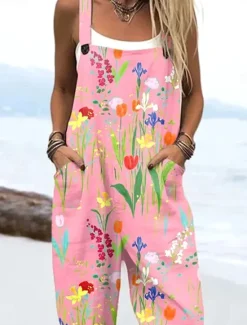Discount Women's Dungarees Active Floral Sleeveless Harem Drawstring with Pocket Vacation Street Loose Fit Pink Blue Purple Summer Women Jumpsuits|Graphic Jumpsuit