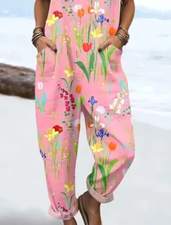 Discount Women's Dungarees Active Floral Sleeveless Harem Drawstring with Pocket Vacation Street Loose Fit Pink Blue Purple Summer Women Jumpsuits|Graphic Jumpsuit
