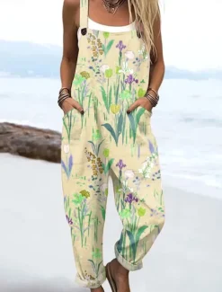 Discount Women's Dungarees Active Floral Sleeveless Harem Drawstring with Pocket Vacation Street Loose Fit Pink Blue Purple Summer Women Jumpsuits|Graphic Jumpsuit