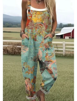 New Women's Dungarees Active Floral Sleeveless Sleeveless Straight Square Neck Pocket with Pocket Vacation Daily Loose Fit Light Green Blue Green Summer Women Graphic Jumpsuit