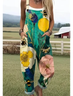 New Women's Dungarees Active Floral Sleeveless Sleeveless Straight Square Neck Pocket with Pocket Vacation Daily Loose Fit Light Green Blue Green Summer Women Graphic Jumpsuit