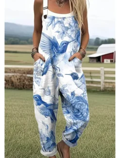 New Women's Dungarees Active Floral Sleeveless Sleeveless Straight Square Neck Pocket with Pocket Vacation Daily Loose Fit Light Green Blue Green Summer Women Graphic Jumpsuit