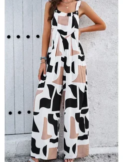 Discount Women's Dungarees Active Graphic Sleeveless Sleeveless Wide Leg Pocket Buttons Vacation Daily Loose Fit Black White Navy Blue Summer Women Graphic Jumpsuit