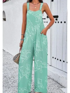 Discount Women's Dungarees Active Graphic Sleeveless Sleeveless Wide Leg Pocket Buttons Vacation Daily Loose Fit Black White Navy Blue Summer Women Graphic Jumpsuit
