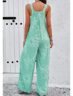 Discount Women's Dungarees Active Graphic Sleeveless Sleeveless Wide Leg Pocket Buttons Vacation Daily Loose Fit Black White Navy Blue Summer Women Graphic Jumpsuit