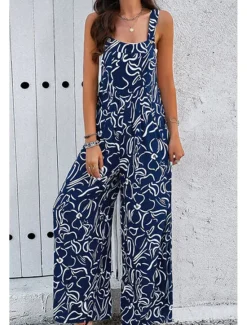 Discount Women's Dungarees Active Graphic Sleeveless Sleeveless Wide Leg Pocket Buttons Vacation Daily Loose Fit Black White Navy Blue Summer Women Graphic Jumpsuit