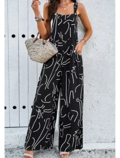 Discount Women's Dungarees Active Graphic Sleeveless Sleeveless Wide Leg Pocket Buttons Vacation Daily Loose Fit Black White Navy Blue Summer Women Graphic Jumpsuit