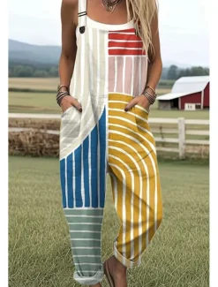 Outlet Women's Dungarees Active Graphic Sleeveless Sleeveless Straight Square Neck Pocket Vacation Daily Loose Fit White Blue Green Summer Women Graphic Jumpsuit