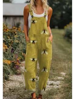 Outlet Women's Dungarees Active Graphic Sleeveless Sleeveless Straight Square Neck Pocket Vacation Daily Loose Fit White Blue Green Summer Women Graphic Jumpsuit