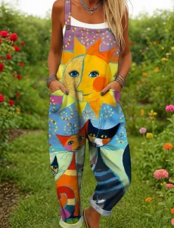 Online Women's Dungarees Active Graphic Sleeveless Wide Leg Print Vacation Street Loose Fit Yellow Red Blue Summer Women Jumpsuits|Graphic Jumpsuit