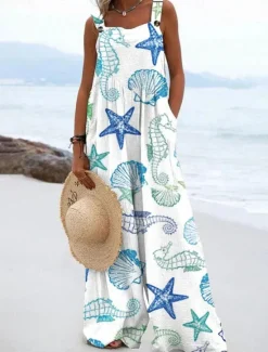 Discount Women's Dungarees Active Graphic Sleeveless Wide Leg Vacation Street Loose Fit White Blue Green Summer Women Jumpsuits|Graphic Jumpsuit