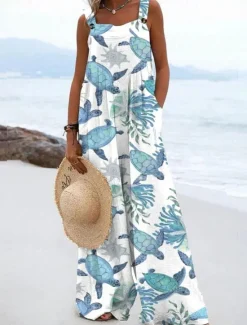 Discount Women's Dungarees Active Graphic Sleeveless Wide Leg Vacation Street Loose Fit White Blue Green Summer Women Jumpsuits|Graphic Jumpsuit