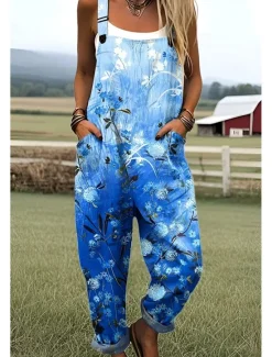 Hot Women's Dungarees Active Graphic Sleeveless Sleeveless Straight Square Neck Pocket Vacation Daily Loose Fit White Blue Green Summer Women Graphic Jumpsuit